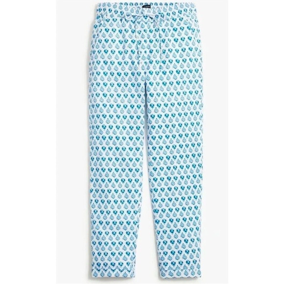 J. Crew Women's Linen Blue White Floral Elastic Waistband Pants Size 6 - Picture 1 of 8